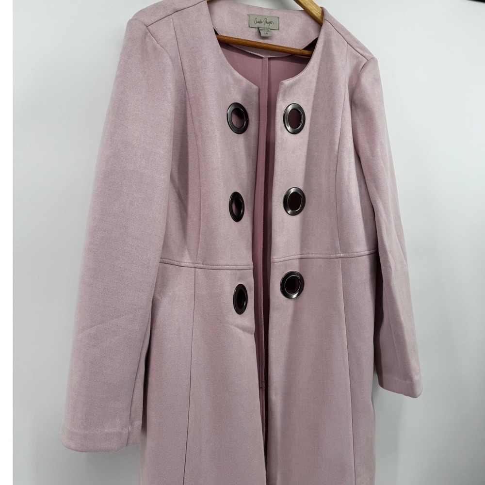 Charlie Paige Women Pink Faux Suede Grommet Open Front Coat Jacket Large - Picture 10 of 10